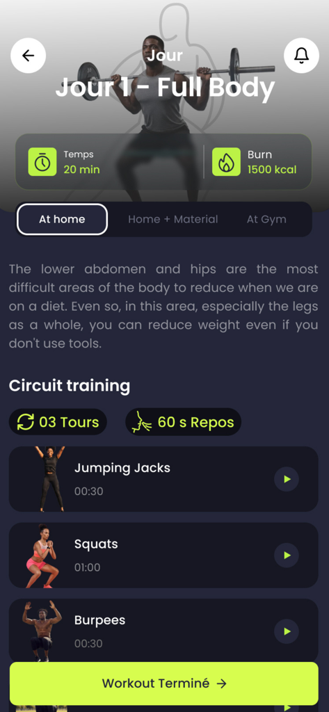 SamaCoach - Interface de l'application mobile SamaCoach montrant un circuit d'entraînement complet du corps à domicile avec la liste des exercices et la durée.