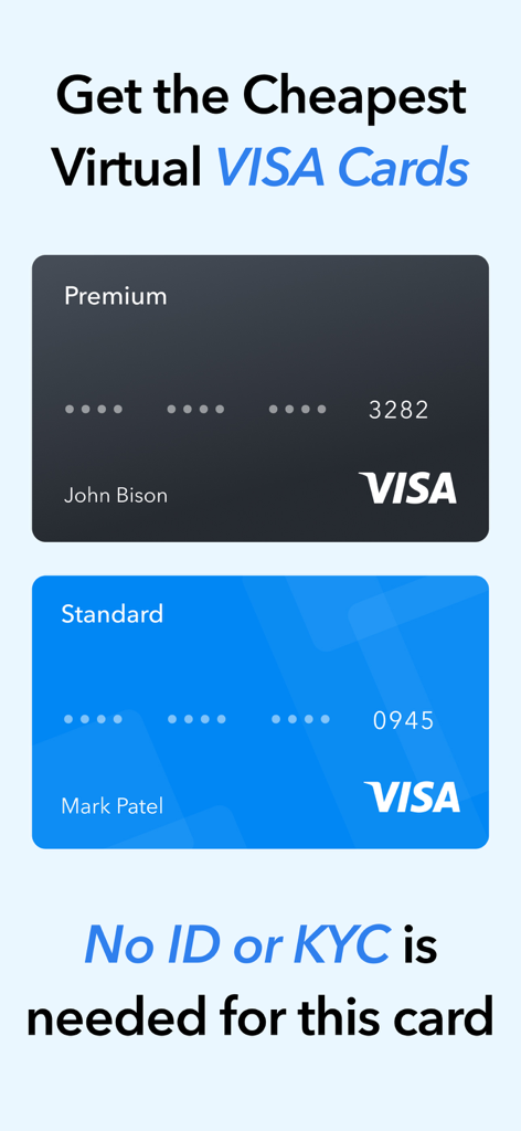 Bitsika app promotional screen showing virtual Visa cards with no ID or KYC verification required.