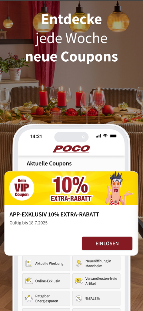 POCO I Möbel, Deko & Prospekte - Mobile screen showing an exclusive 10 percent VIP discount coupon in the POCO shopping app