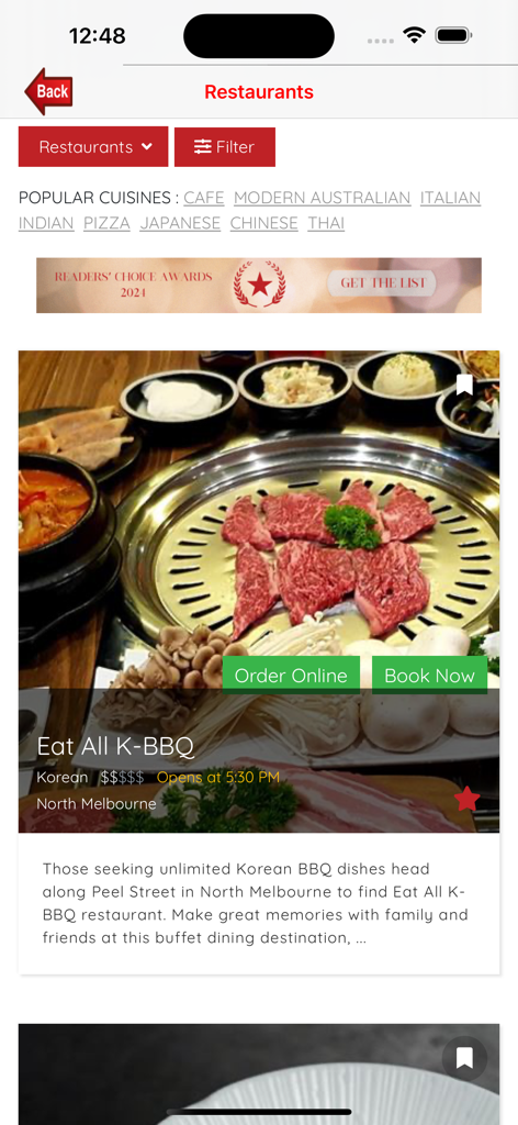 Screenshot der Melbourne Reise-App mit einer Restaurantliste für ein koreanisches BBQ in North Melbourne.