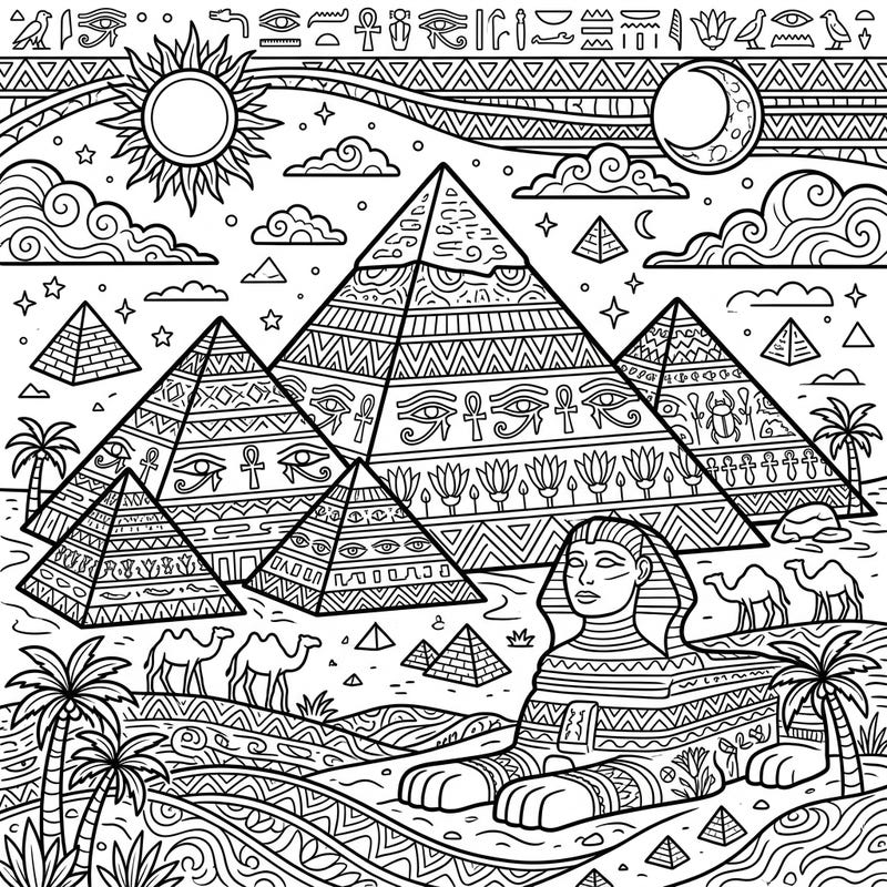 Dive into the sands of time with this intricate Giza Necropolis coloring page, perfect for teens. Bring the iconic Pyramids, majestic Sphinx, and ancient hieroglyphs to life with your favorite colors.
