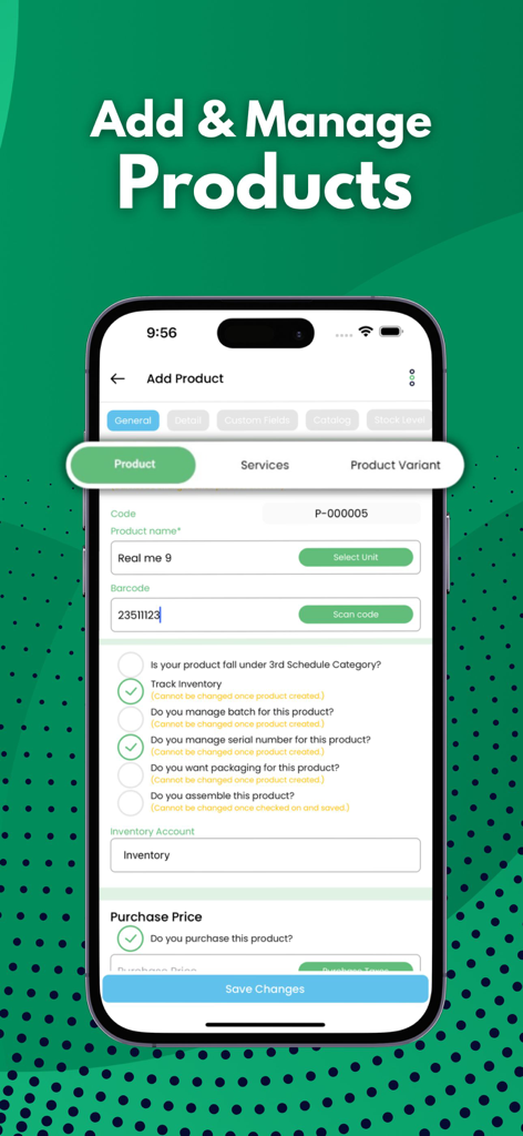 Inventory and Accounting app - Interfaz de aplicación móvil para añadir y gestionar productos con seguimiento de inventario y opciones de escaneo de códigos de barras.