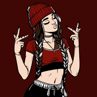 realistic teenage girl with braids and a beanie and crop top doing 🫶🏼