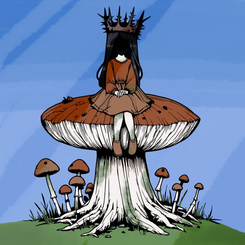 realistic girl sitting on a huge tree stump size toadstool with thorn crown