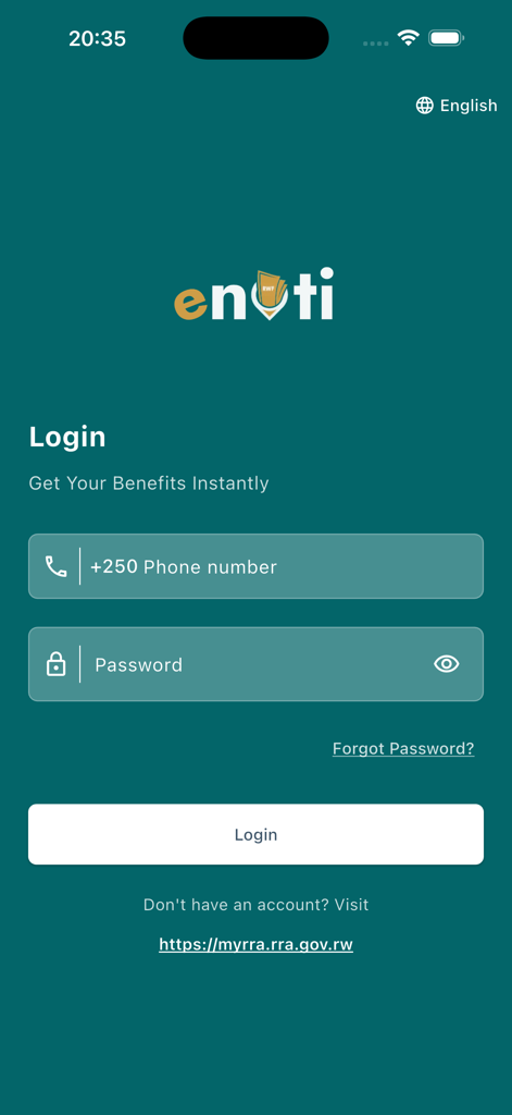 Enoti App login screen with phone number and password input fields
