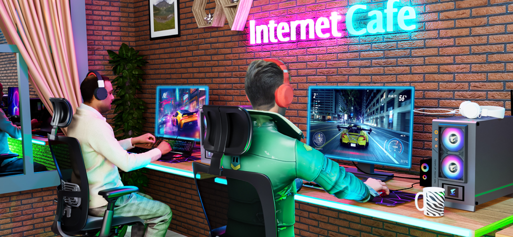 Internet Cafe Simulator Games - A person playing on a high-end PC in a modern internet cafe with neon lights and a gaming atmosphere