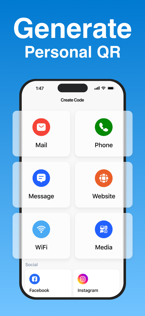QR Code Reader ・Generator - Interfaz de una aplicación móvil que muestra opciones para generar códigos QR personales para correo, teléfono, mensaje, sitio web, wifi y redes sociales.
