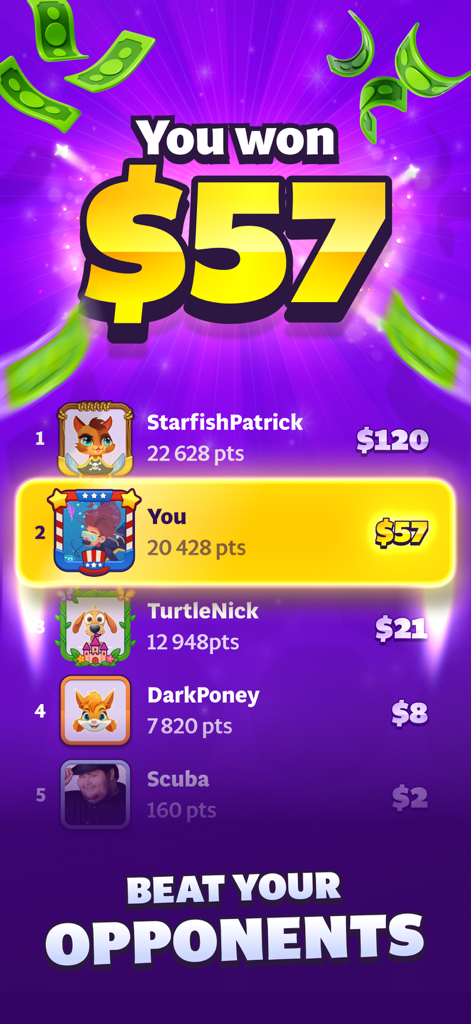 Blitz app leaderboard showing player rankings and real cash winnings