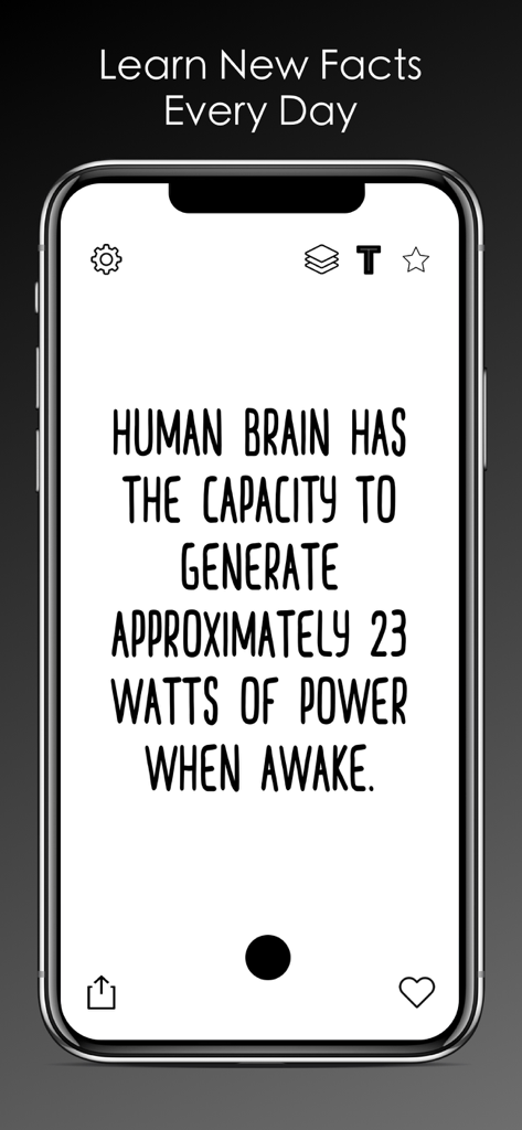 Uma tela de celular do aplicativo Daily Random Facts exibindo um fato sobre o cérebro humano produzir 23 watts de energia.