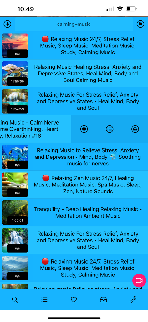 Search results for calming music videos in the BluePlayer app interface.
