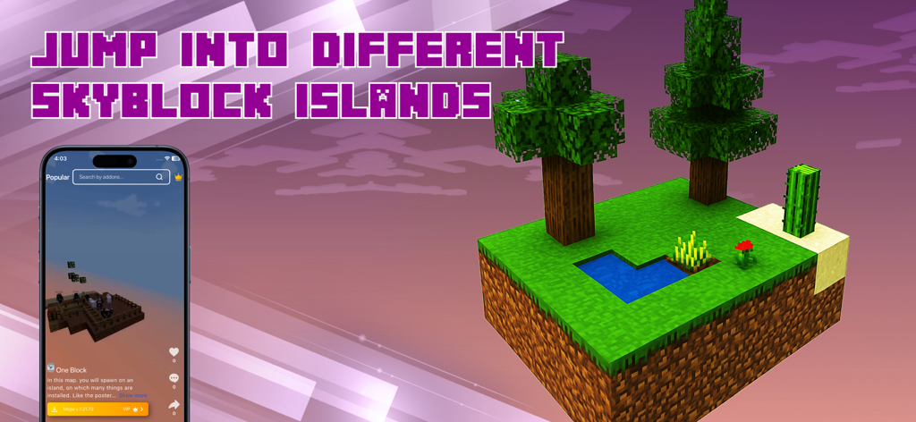SkyBlock：Maps for Minecraft PE - Banner promocional para SkyBlock Maps for Minecraft PE com uma ilha de sobrevivência flutuante e interface do aplicativo em um smartphone