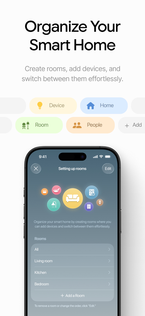 Interfaz de la Smart Life Home App mostrando la organización de habitaciones y la gestión de dispositivos