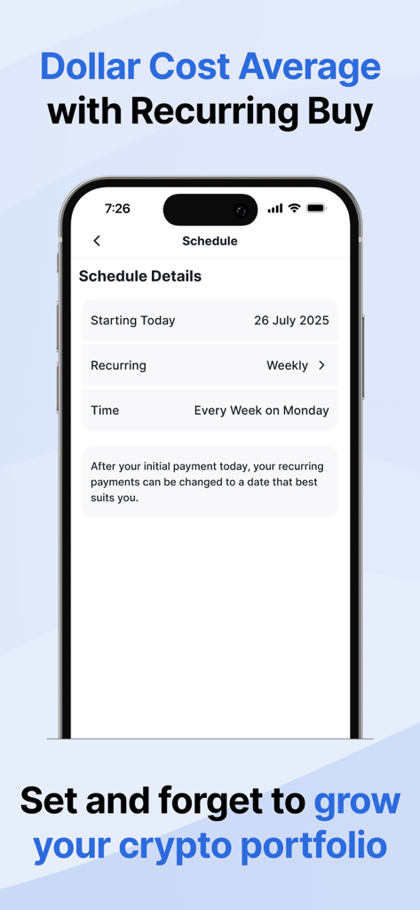 CoinJar: Buy Bitcoin & Crypto - Interfaccia dell'app mobile CoinJar che mostra un acquisto ricorrente programmato per il dollar cost averaging di criptovalute