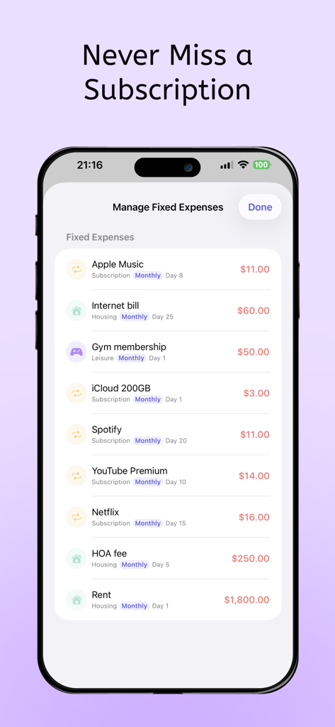 Flow - AI Expense Tracker - A mobile app screen titled Manage Fixed Expenses showing a list of recurring subscriptions like Netflix and Spotify