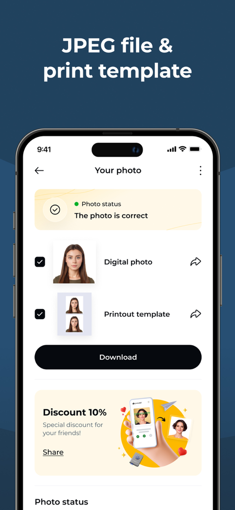 Passport Photo - PhotoAiD - Interface of PhotoAiD app showing a verified passport photo with digital and print template download options