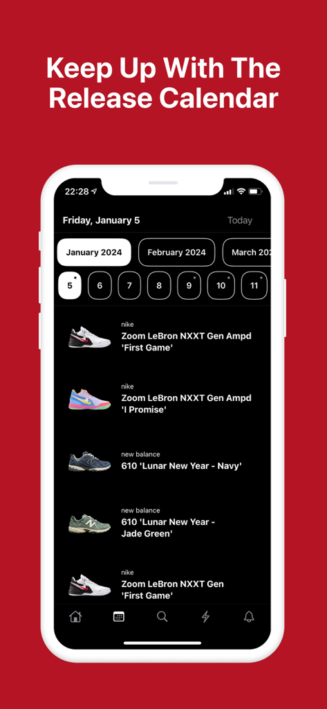 Interfaz de una aplicación móvil que muestra un calendario de lanzamientos de zapatillas con próximos lanzamientos de Nike y New Balance