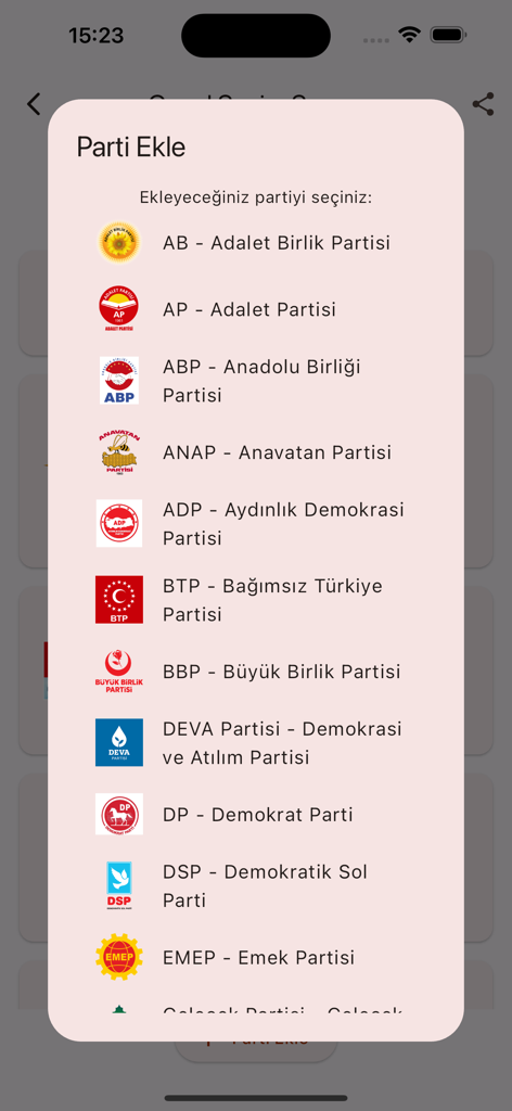 Eine Liste türkischer politischer Parteien mit ihren Logos in der Secim Sayaci-App-Oberfläche zur Stimmenauszählung.