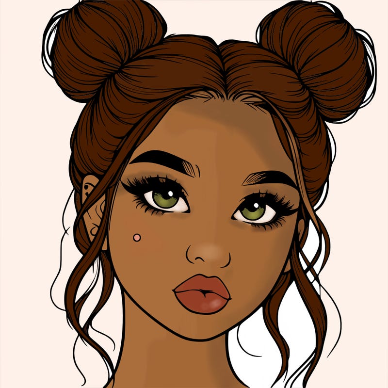 realistic girl with two buns on her hair and lips