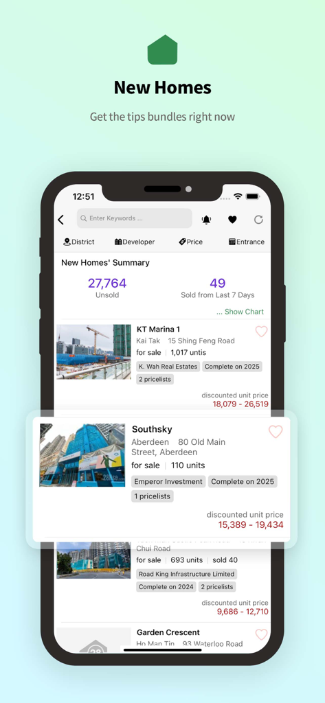 28Hse mobile app interface showing a list of new property developments and home listings in Hong Kong