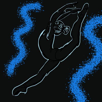 gymnast doing a leap in a leotard with a bent back leg