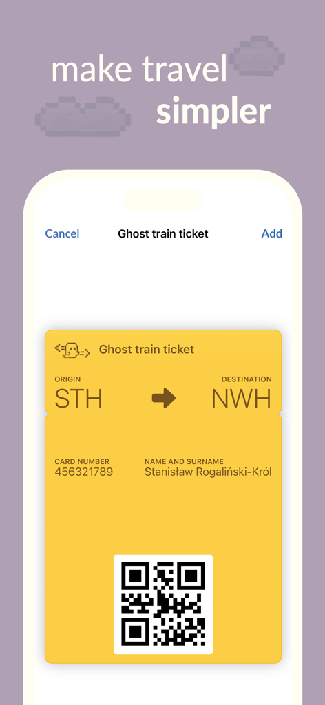 Pass4Wallet 앱에서 QR 코드가 포함된 디지털 기차 티켓 미리 보기