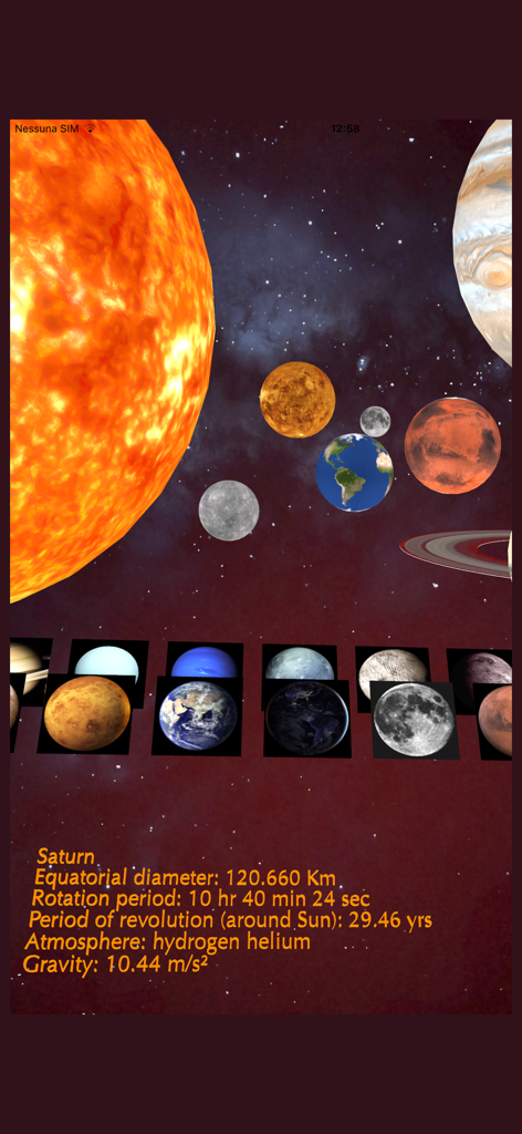 AR Solar System PRO app interface showing 3D planets and scientific facts for Saturn