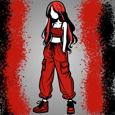 girl in baggy pants crop top and long hair