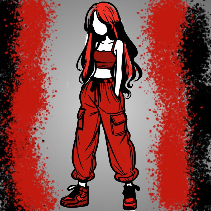 girl in baggy pants crop top and long hair