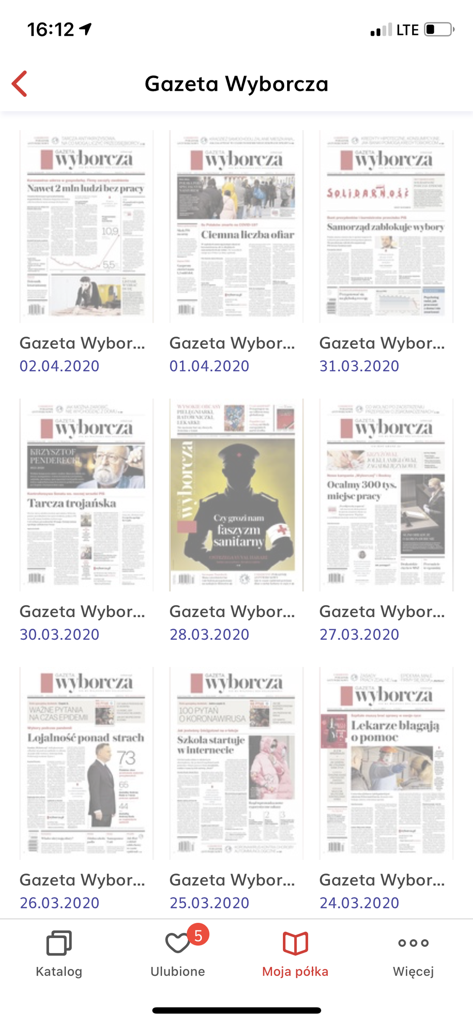 Publio - ebooki, audiobooki - A grid display of digital editions of the Gazeta Wyborcza newspaper within the Publio mobile app