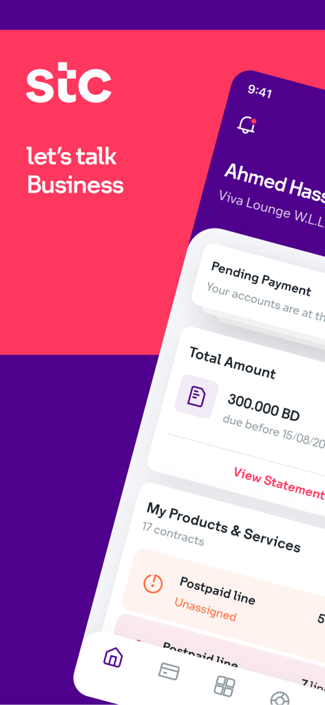 stc Business BH - Dashboard of stc Business BH app showing total amount due and active services