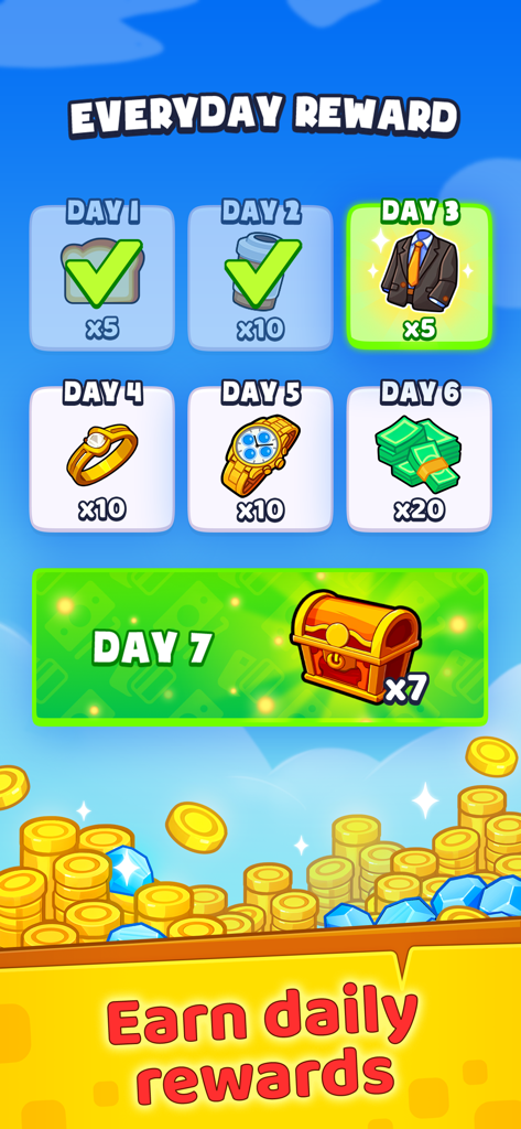 Merge Millionaire：Rich Craft - Tela de recompensa diária mostrando um calendário de 7 dias com itens como terno, anel, relógio e baú de tesouro.