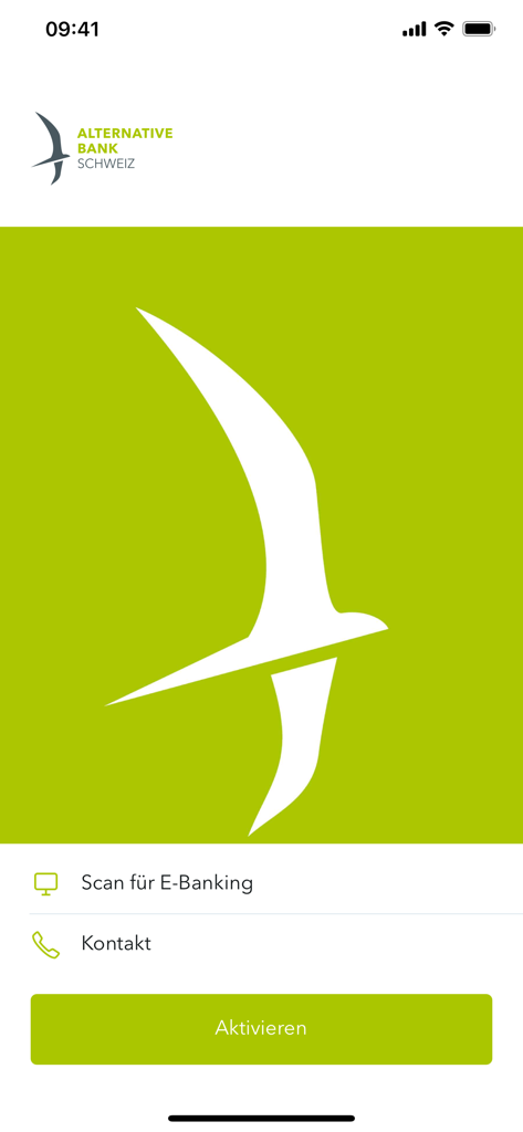 ABSモバイルバンキングアプリのウェルカム画面、アクティベーションボタン付き