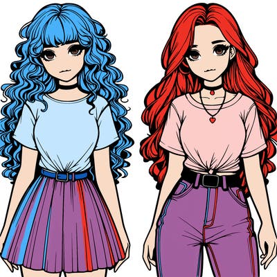 two realistic girls one in a t-shirt and a skirt one in t-shirtand jeans both with long curly hair