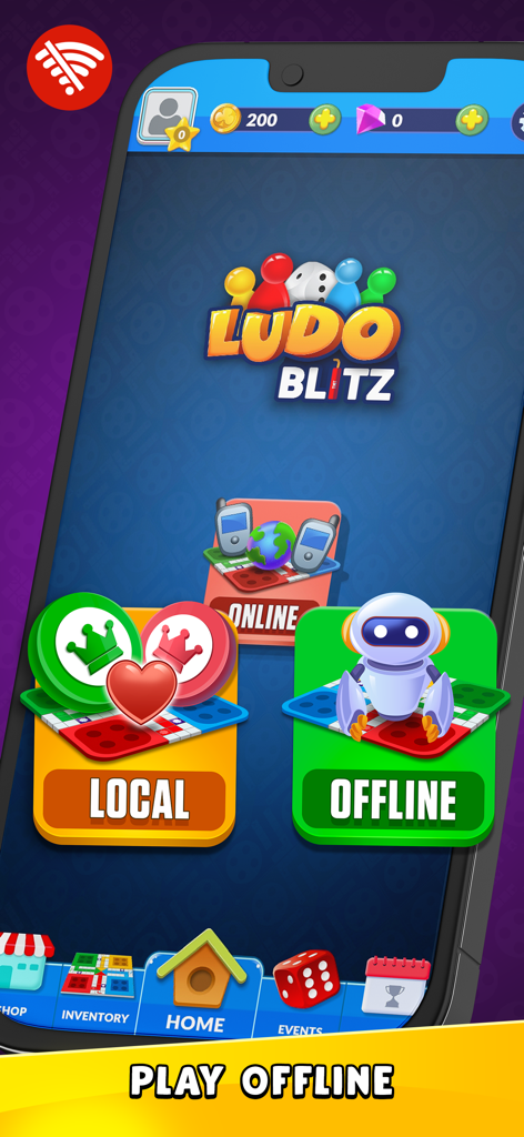 Ludo Blitz: Fun Dice Game - Ludo Blitz mobile game main menu showing local online and offline game modes with a highlighted offline play button