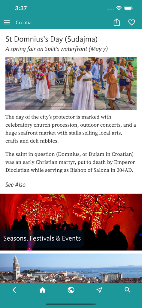 Croatia’s Best: Travel Guide - 사진이 포함된 두브로브니크의 성 도미니우스의 날 축제를 설명하는 크로아티아 최고의 앱의 화면.