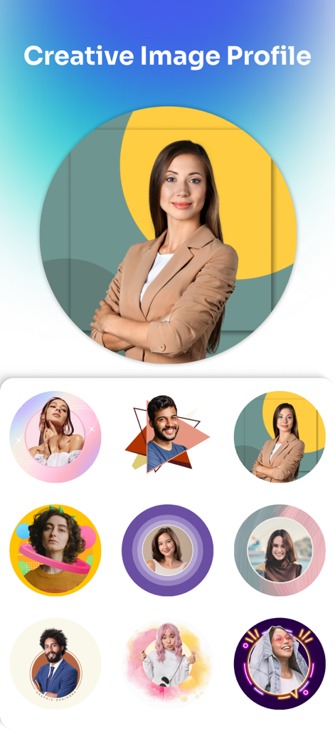 Une variété de conceptions créatives de photos de profil avec des arrière-plans artistiques et des cadres colorés