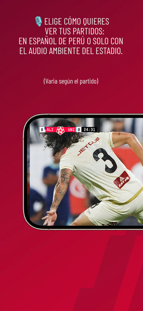 L1 MAX - Smartphone screen showing a Peruvian soccer match between Alianza Lima and Universitario with options for Spanish commentary or ambient stadium sound.