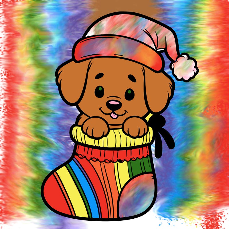 cute puppy wearing santa hat in socking