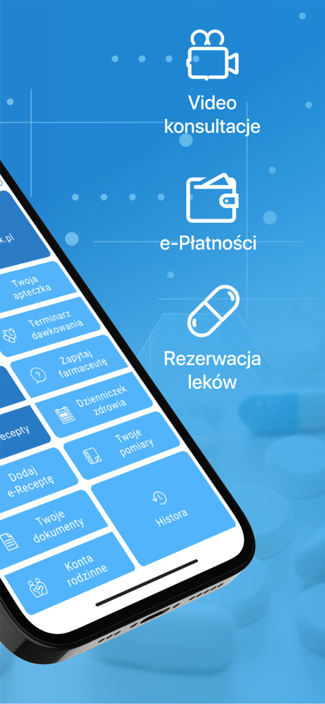 VisiMed - VisiMed mobile app screen showing options for video consultations, electronic payments, and medication reservations in Polish.