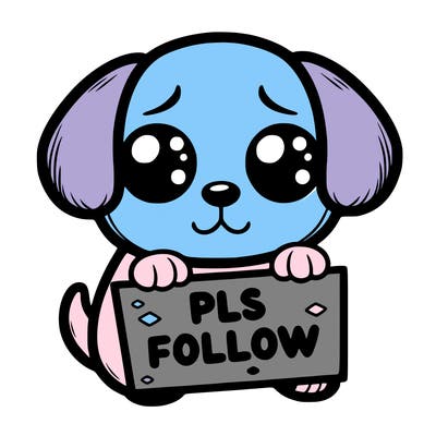 puppy with puppy eyes holing a sign that says pls follow
