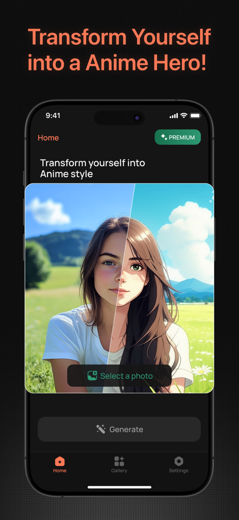 실제 사진이 애니메이션 스타일의 영웅으로 변환되는 것을 보여주는 모바일 앱 인터페이스