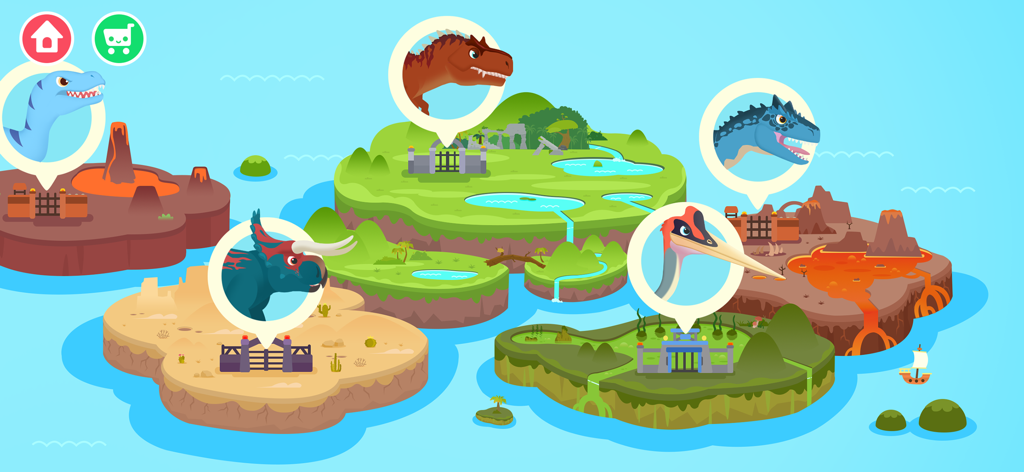 Weltkarte mit verschiedenen Dinosaurierinseln und Levels in Dinosaurier-Wache