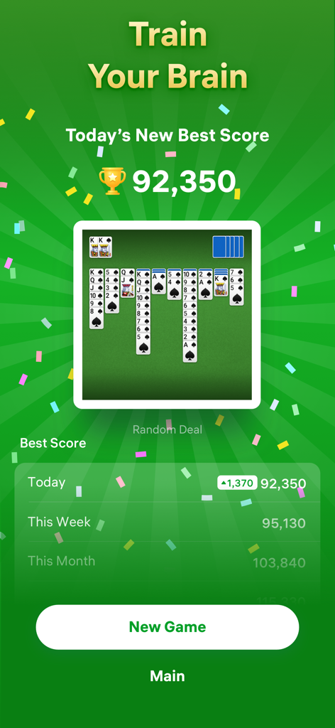 Spider Solitaire – Card Games - Écran de jeu de Spider Solitaire montrant un nouveau meilleur score avec un trophée et un titre d'entraînement cérébral