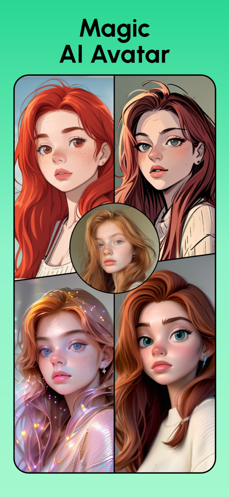 Remove Objects: Pic Retouch AI - Four diverse artistic AI avatars generated from a single reference photo of a woman