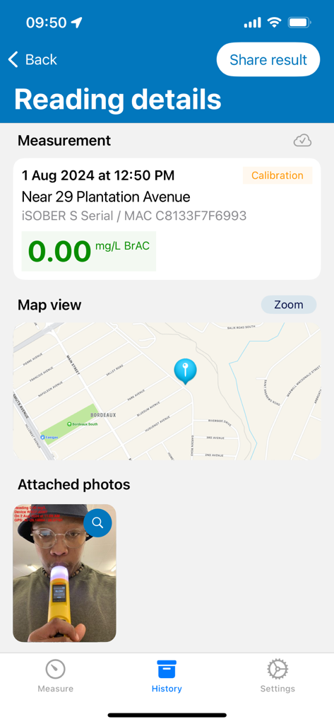 iSober - iSober app interface showing a breath alcohol test result with GPS location map and verification photo