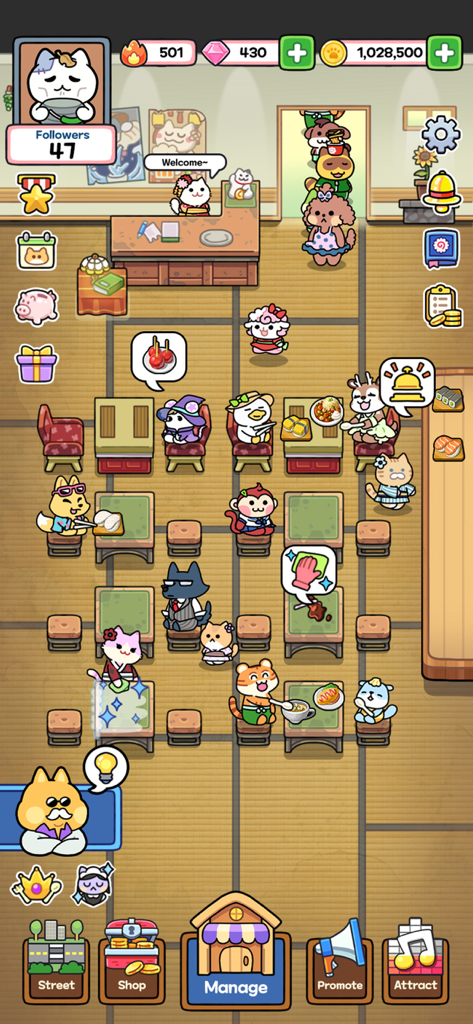 Catstaurant : Cat Chefs - 아늑한 레스토랑 환경에서 다양한 동물 손님에게 서빙하는 고양이 셰프를 보여주는 캣스타우란트의 게임 플레이 스크린샷.