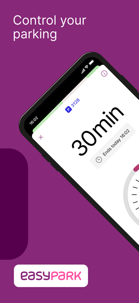 Smartphone screen displaying the EasyPark app with a 30 minute parking session timer on a purple background