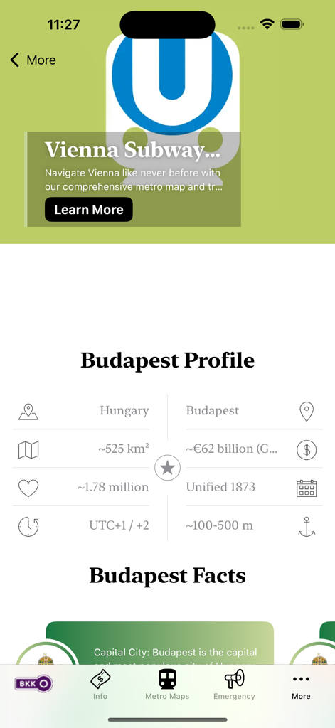 Una pantalla de aplicación móvil que muestra un perfil y hechos generales sobre Budapest, incluida la población y el área, con una barra de navegación inferior.