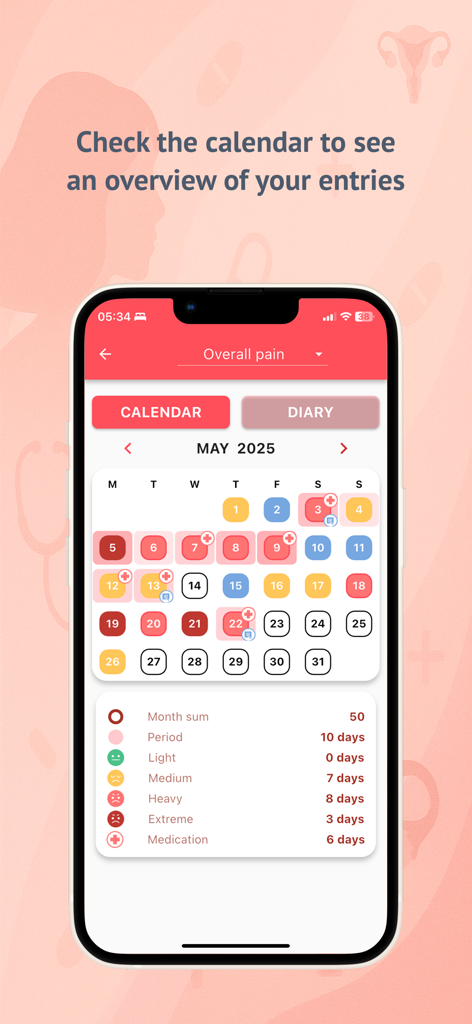 Endometriosis Diary App - A monthly calendar view in the Endometriosis Diary app showing color-coded daily symptom tracking and pain intensity levels.