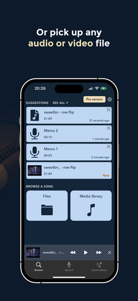 Music Memos - Chords & Lyrics - Interfaz de la aplicación Music Memos para importar archivos de audio y video de la biblioteca multimedia o del almacenamiento del dispositivo.